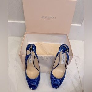 Jimmy Choo Blue Glitter Peeptoe Heels Slingback 38